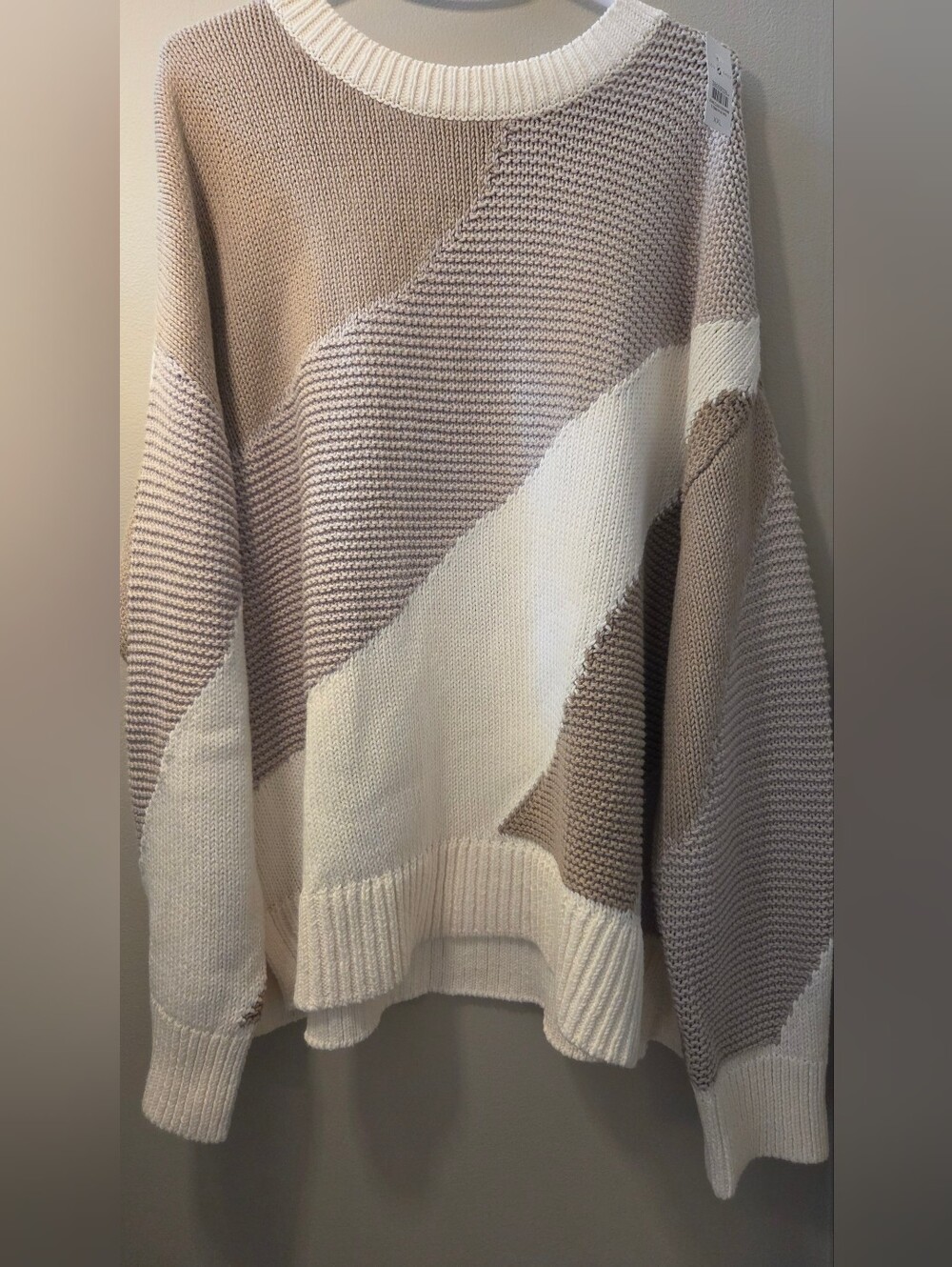 NWT Lou & Grey Diagonal Colorblock Knit Sweater in Cream and Taupe XXL